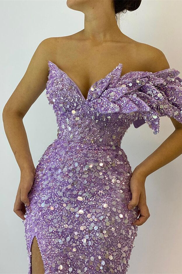 Beautiful Lilac V-Neck Off-the-Shoulder Mermaid Sequins Prom Dress with Split