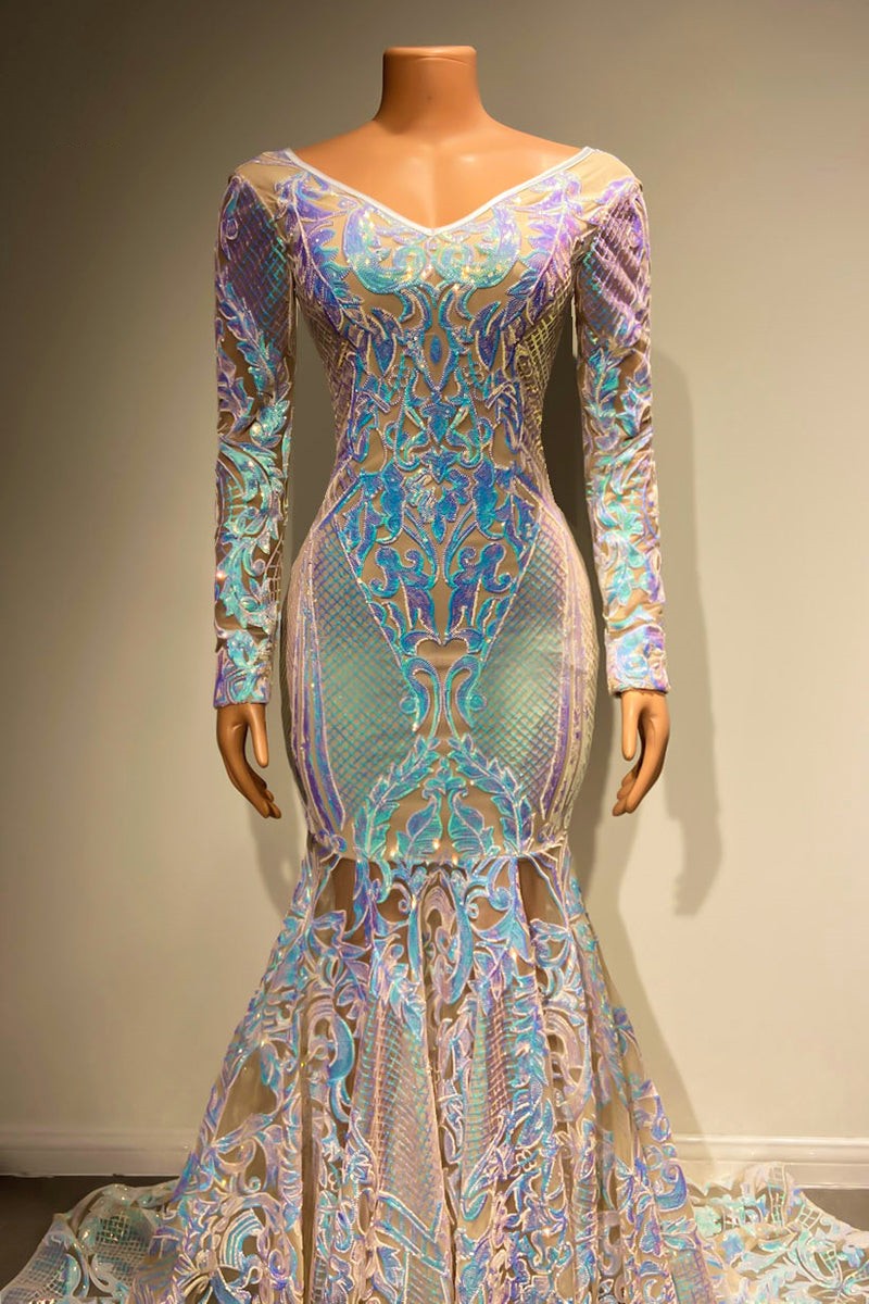 Chic V-Neck Long Sleeves Prom Dresses Mermaid With Shiny Sequins