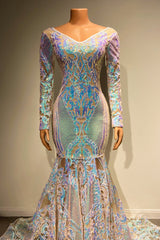 Chic V-Neck Long Sleeves Prom Dresses Mermaid With Shiny Sequins