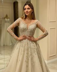 Elegant A-line Wedding Dress with Long Lace Appliques and Sleeves