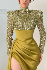Charming Long Sleeves High Neck Prom Dress Mermaid Sequins Beads With Slit