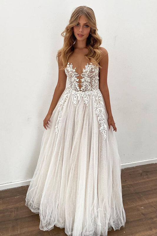 Elegant A-line Sheer Wedding Gown with Tulle Appliques, Floor Length