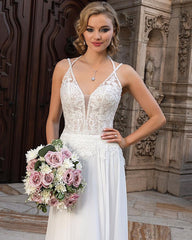 Chiffon Wedding Dress with Elegant Long Lace and A-line Split V-neck