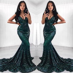 Glamorous Dark Green Sequined V-Neck Sleeveless Mermaid Prom Dress Online