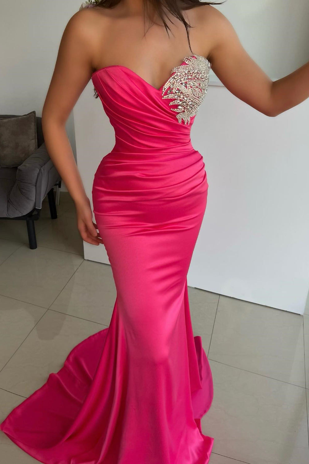 New Arrival Fuchsia Sweetheart Sleeveless Mermaid Prom Dress Pleats Beadings