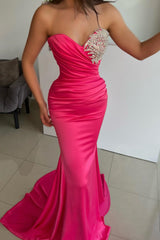 New Arrival Fuchsia Sweetheart Sleeveless Mermaid Prom Dress Pleats Beadings
