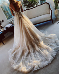 Stunning Backless Lace Bateau Wedding Dress with Appliques and Church Train