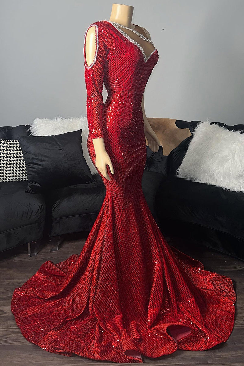 Modern Red Sequins Prom Dresses Mermaid Long Sleeve One Shoulder With Beads