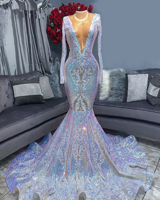 Gorgeous Long Sleeves Sequins Mermaid Prom Dress V-Neck