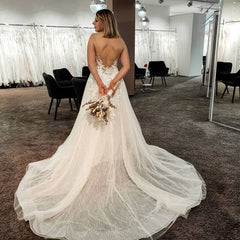 Elegant V-neck A-line Floor-length Backless Wedding Gown in Tulle Lace