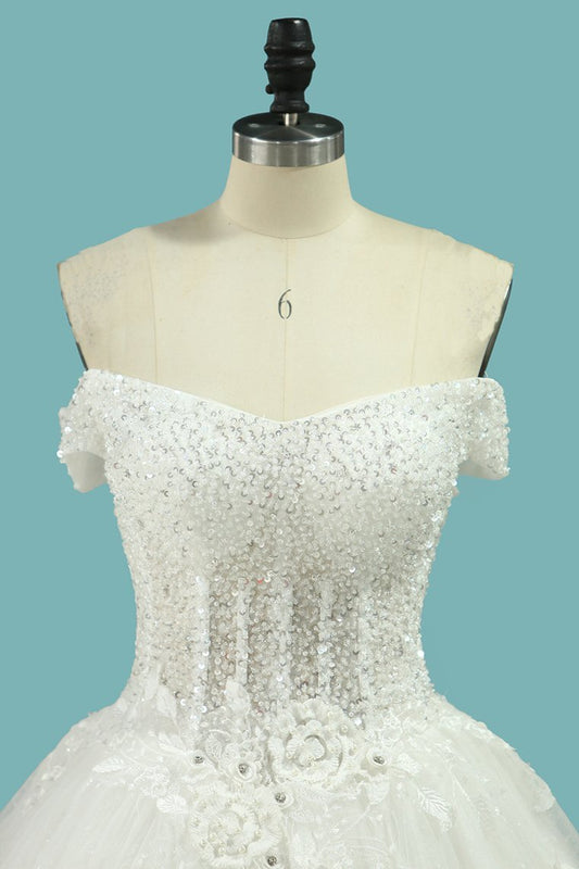 Off-The-Shoulder A-Line Wedding Dress with Elegant Lace Appliques and Sequins Tulle