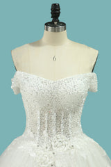 Off-The-Shoulder A-Line Wedding Dress with Elegant Lace Appliques and Sequins Tulle