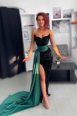 Charming Green Sequined Prom Dress Off-the-Shoulder High Slit