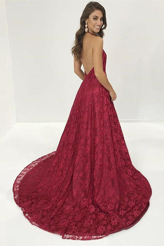 Modern Burgundy V-Neck Lace Prom Dress Backless