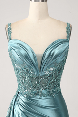Blue Mermaid Long Spaghetti Strap Prom Dress with Slit