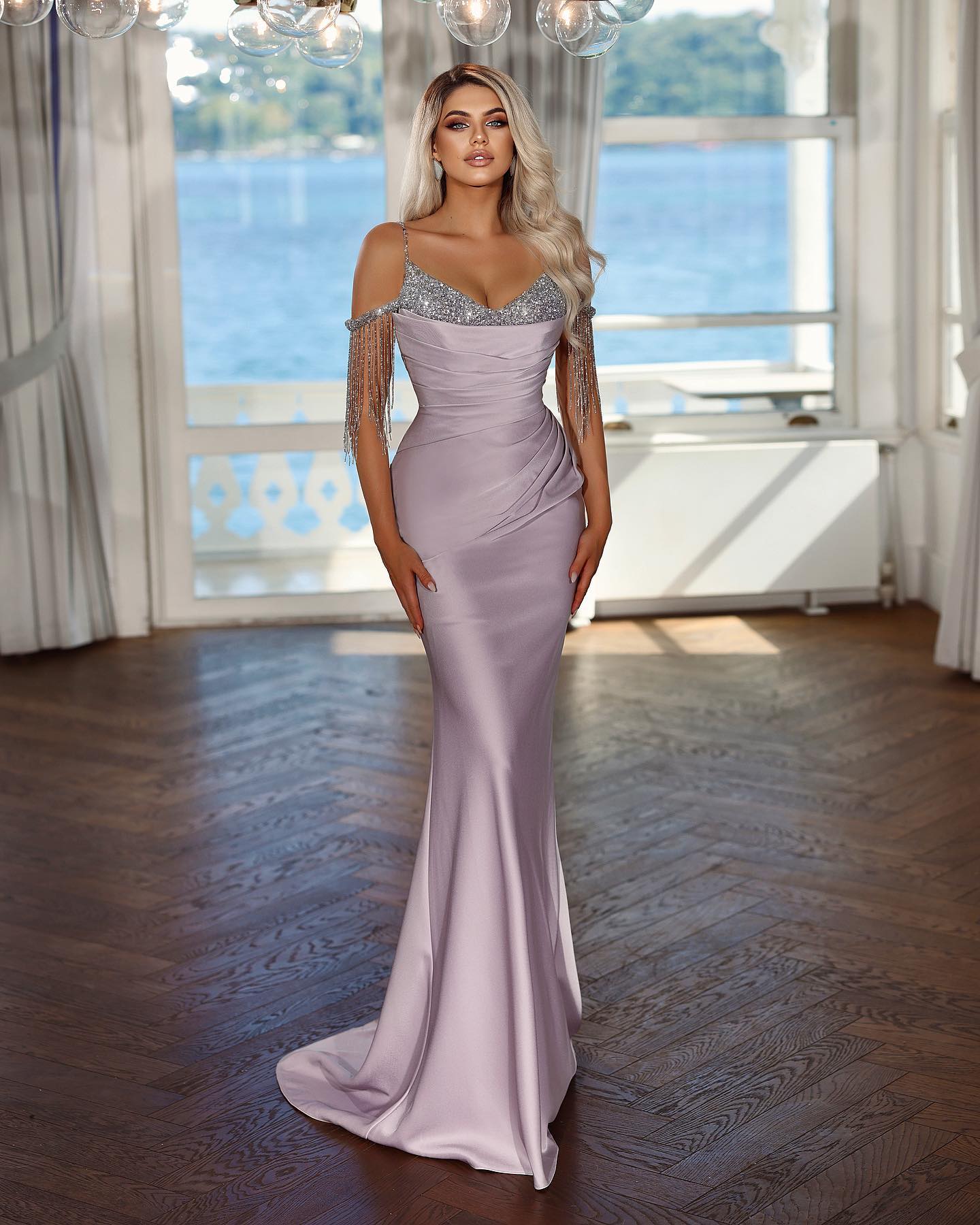 Elegant Lavender Long Prom Dress Spaghetti Strap with Pleated Sequins Tassel