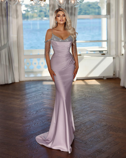 Elegant Lavender Long Prom Dress Spaghetti Strap with Pleated Sequins Tassel