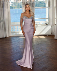 Elegant Lavender Long Prom Dress Spaghetti Strap with Pleated Sequins Tassel
