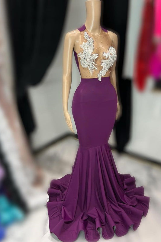 Gorgeous Grape Round Neck Sleeveless Mermaid Prom Dress With Beadings