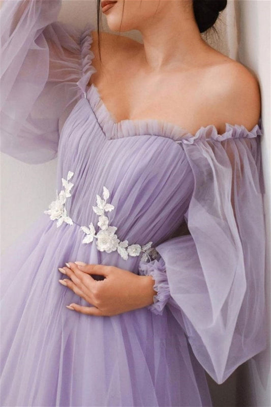 Stunning Long Sleeves Tulle Prom Dresses Off-the-Shoulder Long