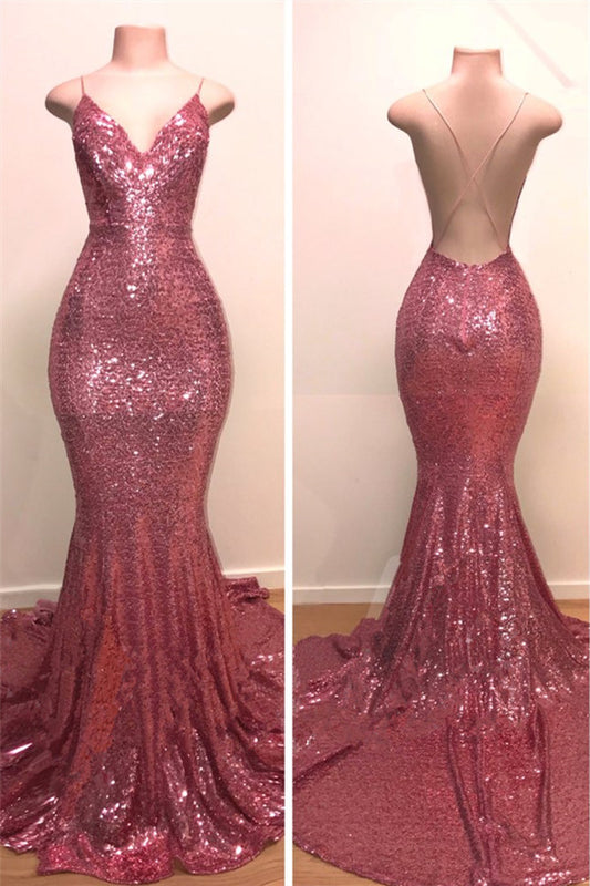 Spaghetti-Straps V-Neck Prom Dress Fit and Flare Stunning Sequins Evening Party Gowns
