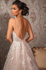 A-Line Wedding Dress with V-Neck and Sleeveless Tulle Lace Appliques