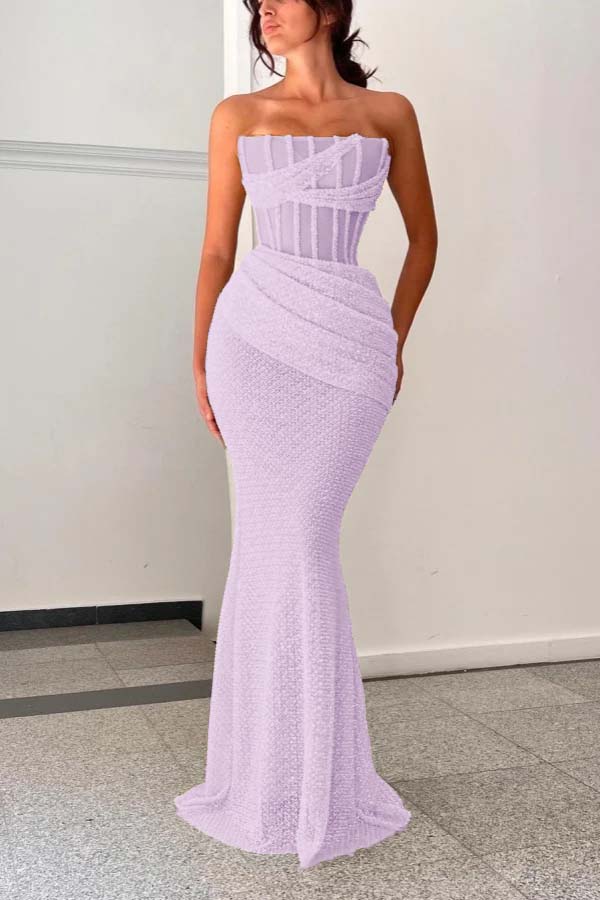 Burgundy Sleeveless Strapless Square Mermaid Prom Dress With Pleated