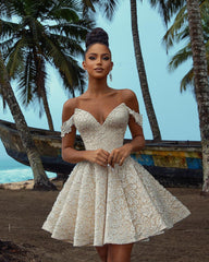 Short Off-the-shoulder Lace Wedding Dress in A-line Silhouette
