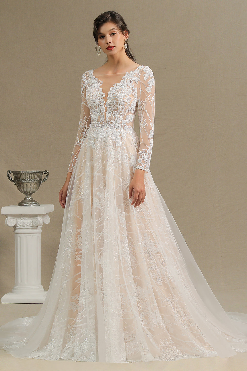 Elegant Long-Sleeve Illusion Wedding Gown in Sheer Tulle with Lace