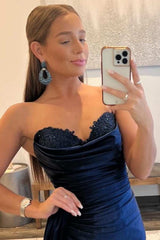 Modern Navy Blue Sweetheart Mermaid Prom Dress Pleats With Split Appliques