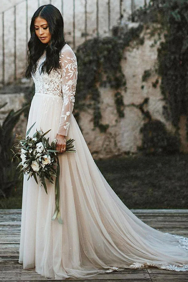 Elegant Scoop Neck A-line Wedding Gown with Long Lace Sleeves and Sweep Train