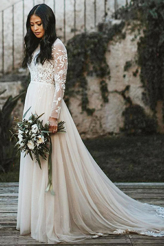 Elegant Scoop Neck A-line Wedding Gown with Long Lace Sleeves and Sweep Train