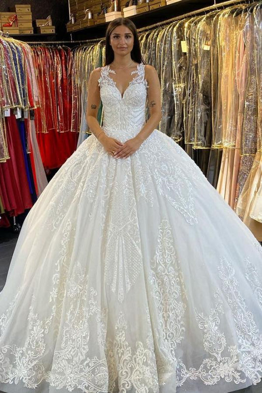 V-neck Applique Lace Wedding Dress with Backless Modern Floor-length Train