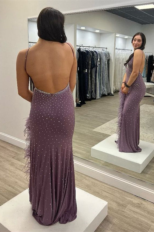 Elegant Spaghetti-Straps V-Neck Prom Dress Sleeveless Slit With Beads Feather