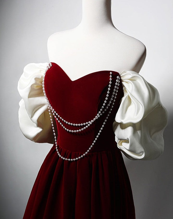 Burgundy Off-the-Shoulder Sweetheart Prom Dress with Beadings