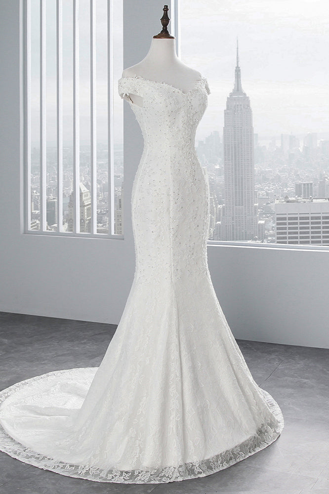 Elegant Floor-length Off-The-Shoulder Mermaid Bridal Gown With Lace