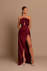 Chic Pink Evening Dress Sleeveless Strapless with Side Slit Pleated