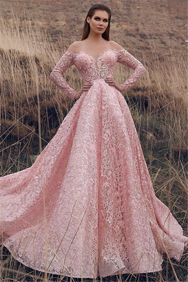 Charming Pink Long Sleeves Lace Prom Dressess Off-the-Shoulder