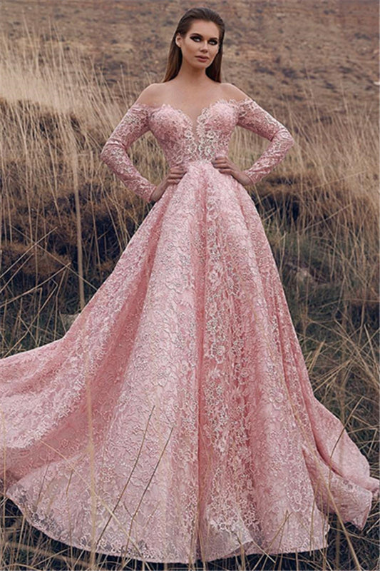 Charming Pink Long Sleeves Lace Prom Dressess Off-the-Shoulder