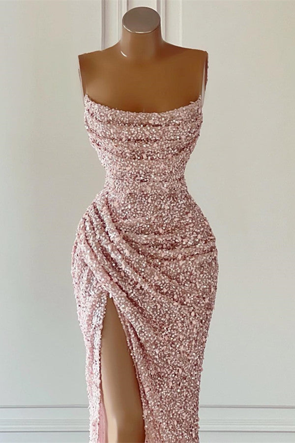 Dusty Pink Square Sleeveless Long Slit Mermaid Prom Dress with Sequins
