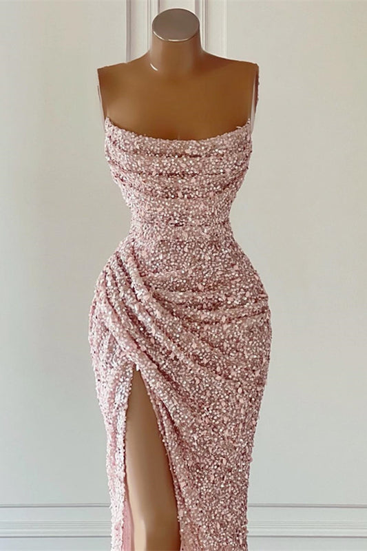 Dusty Pink Square Sleeveless Long Slit Mermaid Prom Dress with Sequins