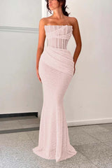 Burgundy Sleeveless Strapless Square Mermaid Prom Dress With Pleated