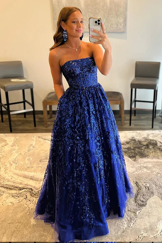 Royal Blue Straight Across A Line Long Prom Dress With Sequins
