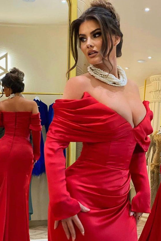 Classy Long Sleeves Red Prom Dress Mermaid Off-the-Shoulder With Slit