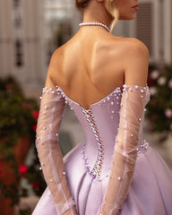 Lilac Off-the-shoulder A-Line Sweetheart Prom Dress with Long Slit and beaded