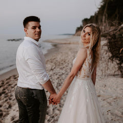 Long Vintage A-line Wedding Dress Featuring V-neck and Open Back with Tulle Lace