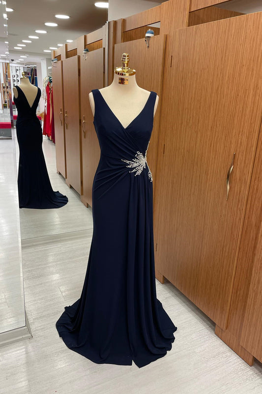 Gorgeous Dark Navy Straps V-Neck Pleated Prom Dress with Rhinestone