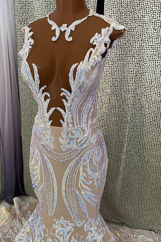 Classic Deep V-Neck Mermaid Prom Dress Sleeveless Sequins Long