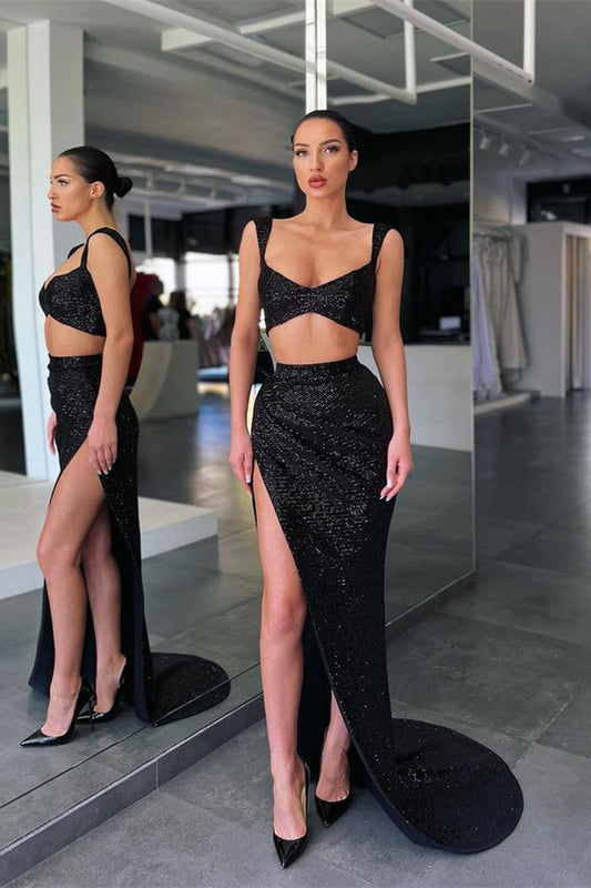 Stunning Black Sequins Two Pieces Prom Dress Mermaid With Slit
