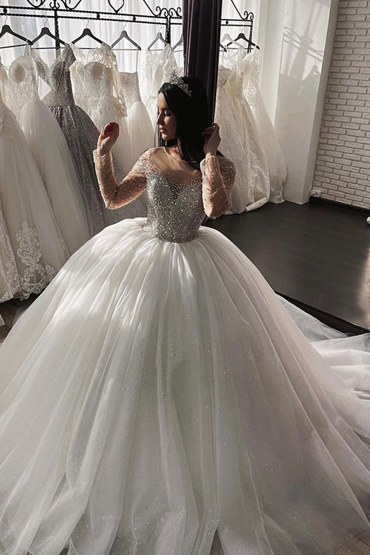 Long-Sleeved Wedding Gown with Shimmery Crystal Beadings